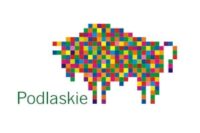 Logotyp województwa Podlaskiego przedstawiający kolorowego żubra zbudowanego z pixeli