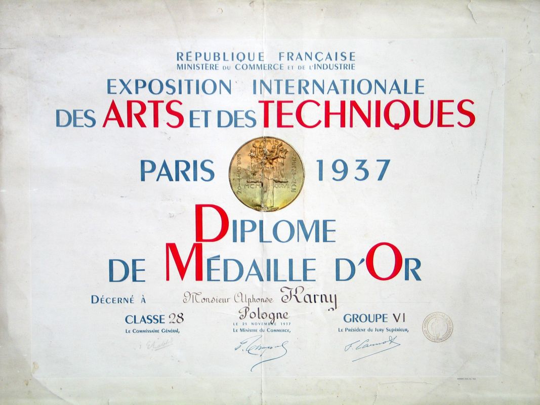 Dyplom I nagrody z Międzynarodowej Wystawy Sztuki i Techniki w Paryżu, 1937 r., papier, druk, tusz.